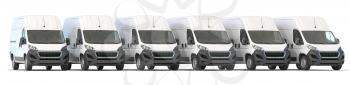 Delivery vans in a row isolated on white.  Express delivery and shipment service concept. 3d illustration