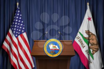 Press conference of governor of the state of California concept. Seal of the governor of the State of California on the tribune with flag of USA and California state.  3d illustration