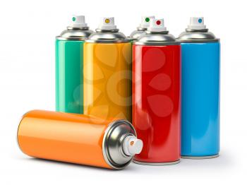 Colorful graffity spray paint cans or bottles of aerosol isolated on white. 3d illustration