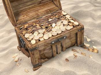 Open treasure chest full of golden coins on sandy beach. Wealth and treasure concept. 3d illustration