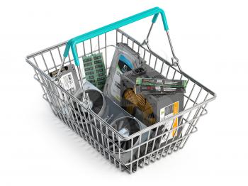 Computer hardware shopping basket. Buying  pc computer parts online concept. 3d illustration