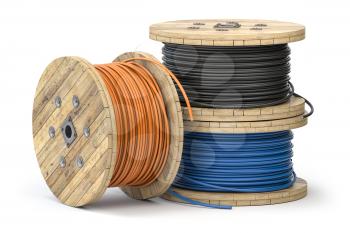 Wire electric cable of different colors on wooden coil or spool isolated on white background. 3d illustration