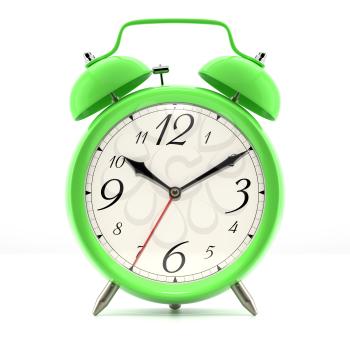 Alarm clock on white background with shadow. Vintage style green color clock with black hands.