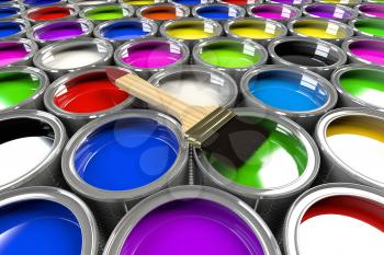 Multiple open paint cans with a brush. Rainbow colors. Creativity and diversity concept.