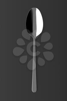 Silver spoon on a table. Fine cutlery on grey background. Single fork on a table. Silverware with shadow. 3D illustration.