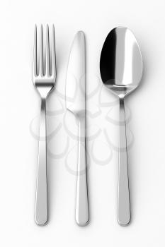 Fork, spoon and knife. Photo realistic 3D illustration. Cutlery, kitchen silverware. For use in menu, restaurant printables, web site.