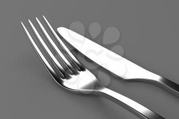 Fork and knife on grey. Photo realistic 3D illustration. Cutlery, kitchen silverware. For use in menu, restaurant printables, web site.