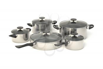 Stainless steel pots and pans on white background. Set of five cooking kitchenware with glass see through lids. 3D illustration.