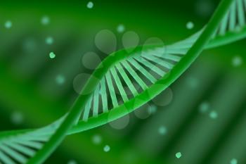 DNA chain macroshot. Highly detailed render. Green color. Scientific background or medical backdrop. Great for poster, book cover, flyer or folder. Shallow DOF. 3D illustration