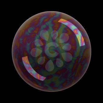 Soap bubble on black background. Realistic bubble with rainbow reflection. 3d illustration.