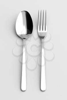 Fork and spoon. Photo realistic 3D illustration. Cutlery, kitchen silverware. For use in menu, restaurant printables, web site.