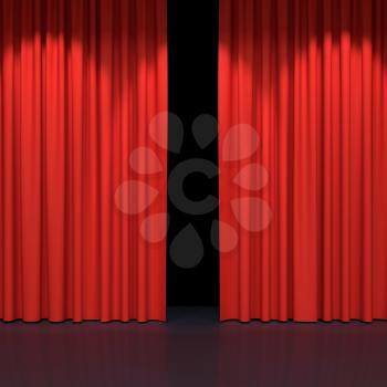 Red stage curtains. Luxury red velvet drapes, silk drapery. Realistic closed theatrical cinema curtain. Waiting for show, movie end, revealing new product, premiere, marketing concept. 3D illustration