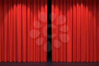 Red stage curtains. Luxury red velvet drapes, silk drapery. Realistic closed theatrical cinema curtain. Waiting for show, movie end, revealing new product, premiere, marketing concept. 3D illustration