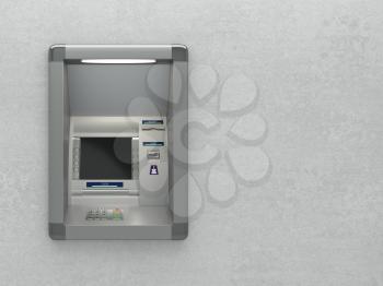 Atm machine with a card reader. Display screen, buttons, cash dispenser, receipt printer. Pin code safety, automatic banking, electronic cash withdrawal, bank account access concept. 3D illustration