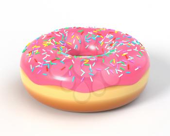 Delicious colorful donut with icing and sprinkles. Macro view of american dessert on white background. Graphic design element for bakery flyer, poster, advertisement, scrapbooking. 3D illustration.