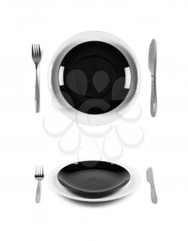 Black and white plates with fork and knife. 2 different views. Isolated on white background. Two different view angles. Graphic design element for poster, menu, restaurant or cafe flyer.