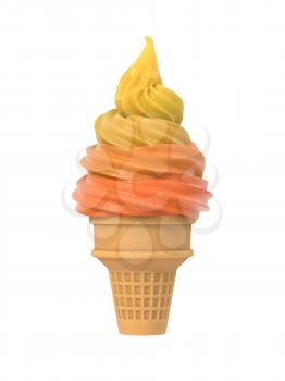 Colorful frozen yogurt icecream in waffle cone. Isolated on white background. Delicious flavor summer dessert. Graphic design element for advertisement, menu, scrapbook, poster, flyer. 3D illustration