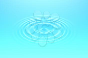 Water drop or rain drop falling on water surface. Liquid ripple splash in sunlight with reflection, macro image. Graphic design element for poster, package, flyer. Abstract background, 3D illustration