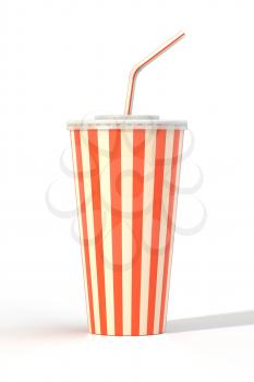 Fast food cola drink cup, drinking straw. Generic striped beverage package isolated on white background. Graphic design element for restaurant advertisement, menu, poster, flyer. 3D illustration