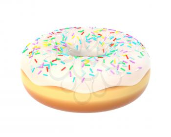 Delicious colorful donut with vanilla icing, sprinkles. Macro view of sweet american dessert isolated on white background. Graphic design element for bakery flyer, poster, scrapbook. 3D illustration