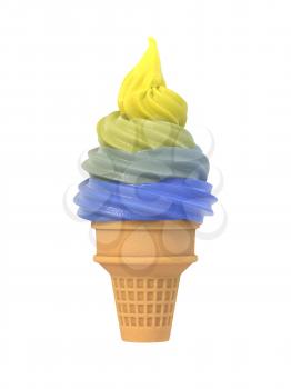 Colorful frozen yogurt icecream in waffle cone. Isolated on white background. Delicious flavor summer dessert. Graphic design element for advertisement, menu, scrapbook, poster, flyer. 3D illustration