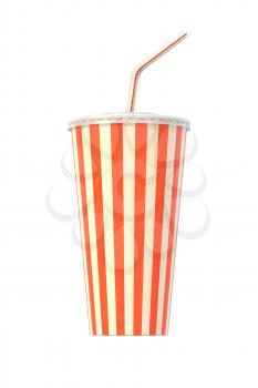 Fast food cola drink cup, drinking straw. Generic striped beverage package isolated on white background. Graphic design element for restaurant advertisement, menu, poster, flyer. 3D illustration