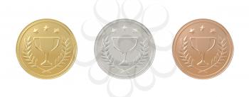 Gold, silver, bronze medals set. 1st, 2nd, 3rd place. Sports award, product ranking, best price, first place concept. Graphic design elements isolated on white background. Realistic 3D illustration