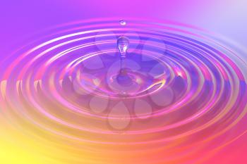 Colorful liquid drop or paint drop falling on color surface. Rainbow colored ripple splash of dye, macro image. Graphic design element for poster, package, flyer. Abstract background, 3D illustration