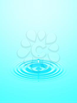 Water drop or rain drop falling on water surface. Liquid ripple splash in sunlight with reflection, macro image. Graphic design element for poster, package, flyer. Abstract background, 3D illustration