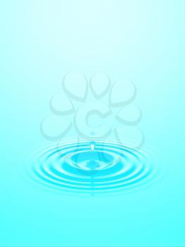 Water drop or rain drop falling on water surface. Liquid ripple splash in sunlight with reflection, macro image. Graphic design element for poster, package, flyer. Abstract background, 3D illustration