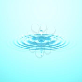 Water drop or rain drop falling on water surface. Liquid ripple splash in sunlight with reflection, macro image. Graphic design element for poster, package, flyer. Abstract background, 3D illustration