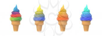 Colorful frozen yogurt icecream in waffle cone. Isolated on white background. Delicious flavor summer dessert. Graphic design element for advertisement, menu, scrapbook, poster, flyer. 3D illustration