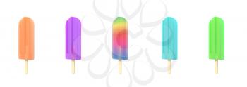 Popsicle icecream on stick set. Isolated on white background. Delicious bright colored fruity summer dessert. Graphic design element for menu, scrapbooking, poster, flyer. 3D illustration