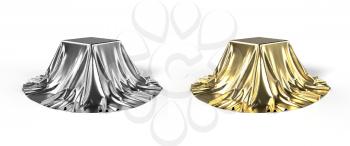 Set of boxes covered with silver and gold satin fabric. Isolated on white background. Surprise, award, prize, presentation concept. Reveal the hidden object. Raise the curtain. 3D illustration