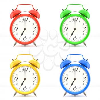 Set of 4 alarm clocks isolated on white background. Vintage style red, blue, green, yellow clock. Graphic design element for flyer, poster, sale. Deadline, wake up, happy hour concept. 3D illustration