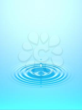 Water drop, rain drop falling on water surface. Liquid round ripple splashing with reflection. Graphic design element for poster, package, flyer. Abstract new age spiritual background, 3D illustration