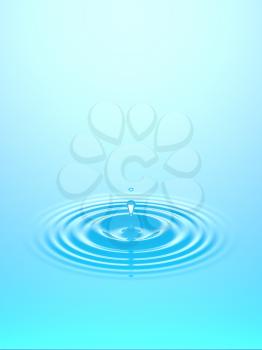 Water drop, rain drop falling on water surface. Liquid round ripple splashing with reflection. Graphic design element for poster, package, flyer. Abstract new age spiritual background, 3D illustration