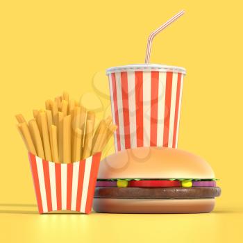 Fast food set on yellow background with shadow. Hamburger, french fries and cola in generic package with stripes. Graphic design element for restaurant advertisement, menu or poster. 3D illustration