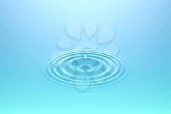 Water drop, rain drop falling on water surface. Liquid round ripple splashing with reflection. Graphic design element for poster, package, flyer. Abstract new age spiritual background, 3D illustration