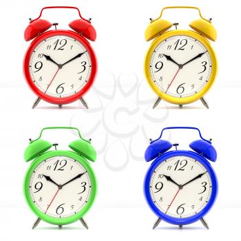 Set of 4 alarm clocks isolated on white background. Vintage style red, blue, green, yellow clock. Graphic design element for flyer, poster, sale. Deadline, wake up, happy hour concept. 3D illustration