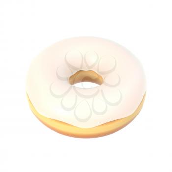 Delicious colorful donut with vanilla icing, sprinkles. Macro view of sweet american dessert isolated on white background. Graphic design element for bakery flyer, poster, scrapbook. 3D illustration