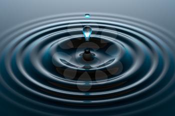 Water drop or rain drop falling on water surface. Liquid ripple splash in sunlight with reflection, macro image. Graphic design element for poster, package, flyer. Abstract background, 3D illustration