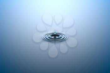 Water drop or rain drop falling on water surface. Liquid ripple splash in sunlight with reflection, macro image. Graphic design element for poster, package, flyer. Abstract background, 3D illustration