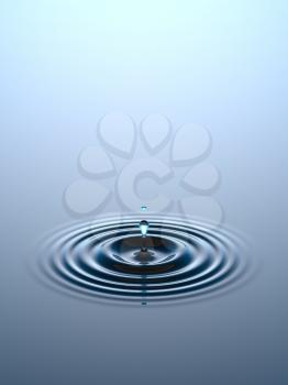 Water drop or rain drop falling on water surface. Liquid ripple splash in sunlight with reflection, macro image. Graphic design element for poster, package, flyer. Abstract background, 3D illustration