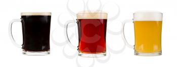 Realistic beer glasses isolated on white background. Mugs filled with red, dark and blond beer with bubbles and foam. Graphic design element for brewery ad, beer garden poster, flyers, printables.