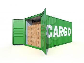 Ship cargo container side view, open doors, full with cardboard boxes. Pile of cardboard boxes on pallet. 3D illustration