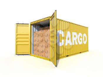 Ship cargo container side view, open doors, full with cardboard boxes. Pile of cardboard boxes on pallet. 3D illustration