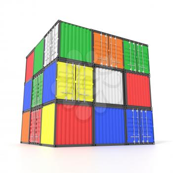 Colorful ship cargo containers stacked on top of each other in a cube form. Marine olgistics, harbor warehouse, customs, transport shipping concept. 3D illustration