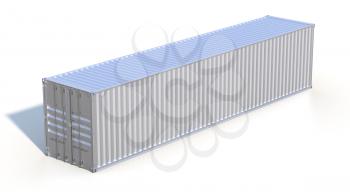 Ship cargo container 40 feet length. Grey metallic freight box with shadow isolated on white background. Marine olgistics, harbor warehouse, customs, transport shipping concept. 3D illustration