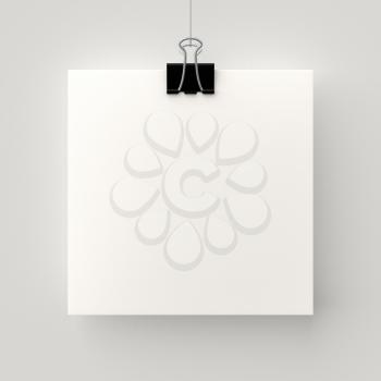 Poster hanging on a thread with a black clip. Blank square sheet of paper against a concrete wall mock up. Urban minimalistic style portfolio presentation concept.